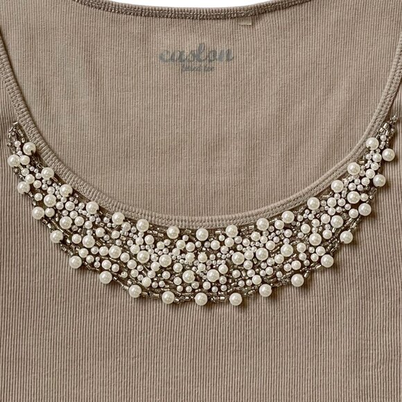 Embellished Rib Knit Cotton Tank Top — Taupe Stone Neutral Scoop Neck Size M - Picture 4 of 10